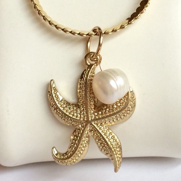 Starfish Pearl Necklace 23" Gold Plated Sea life Island Freshwater White - Picture 1 of 10